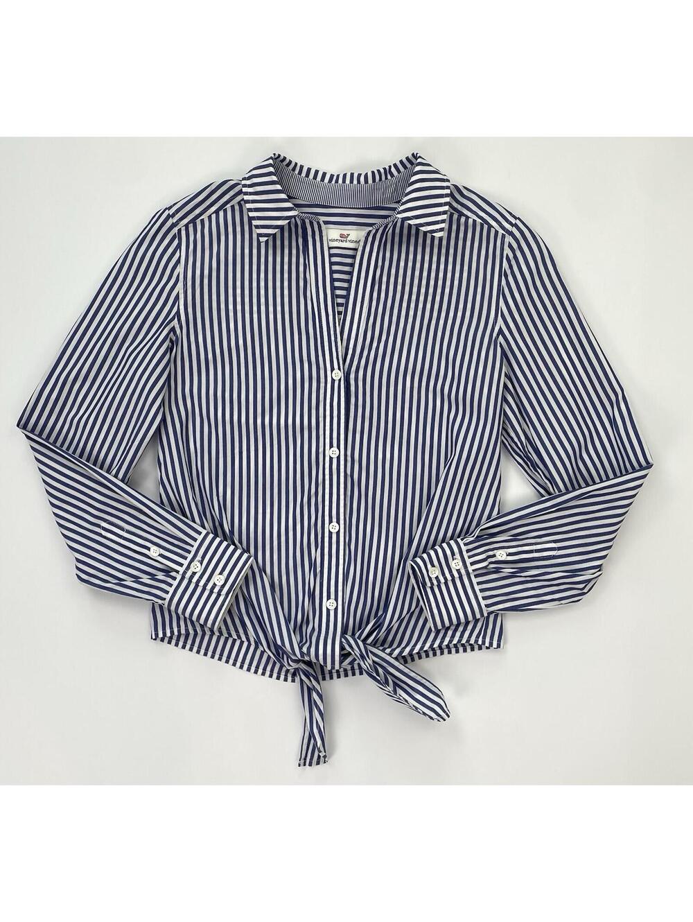 VINEYARD VINES Blue White Stripe-OXFORD SHIRT Front Tie-100% Cotton-Size 2